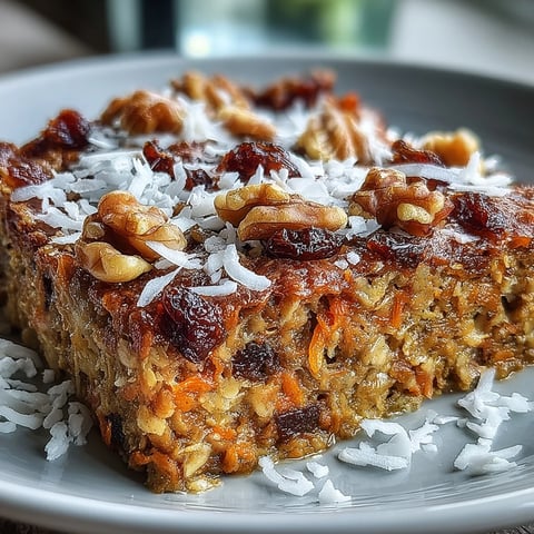 Carrot cake baked oatmeal with warm spices and plump raisins, ready to slice.