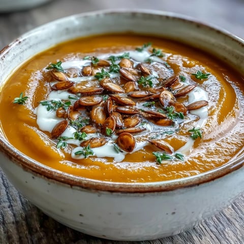 Creamy Easy Roasted Butternut Squash Soup in a rustic bowl garnished with thyme and pumpkin seeds.