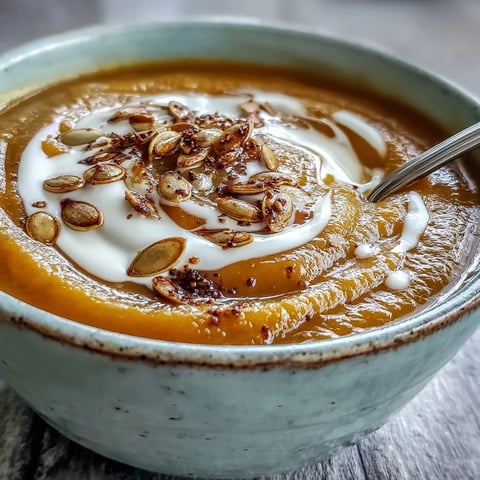 Velvety Butternut Squash and Apple Soup swirled with cream in a rustic bowl. 