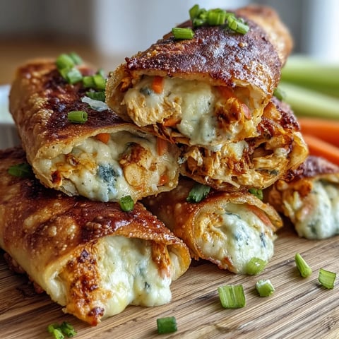 Crispy golden Buffalo Chicken Egg Rolls with melted mozzarella, crunchy celery, and carrots, served with creamy blue cheese dip.
