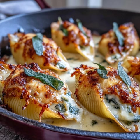 Golden, bubbly Pumpkin & Gouda Stuffed Shells topped with crispy sage leaves in a creamy brown butter Alfredo sauce.