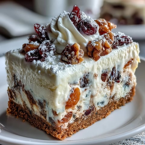 Festive Christmas Cheesecake Slab squares topped with whipped cream and powdered sugar on a rustic table.