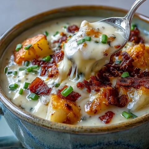 Creamy Loaded Potato Soup garnished with crispy bacon, shredded cheddar, and fresh green onions in a rustic bowl.