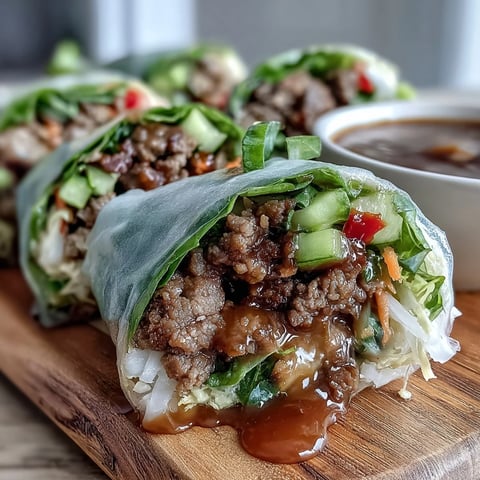 Freshly rolled Thai Basil Beef bites, filled with savory beef and crisp veggies, ready to dip in tangy sauce.