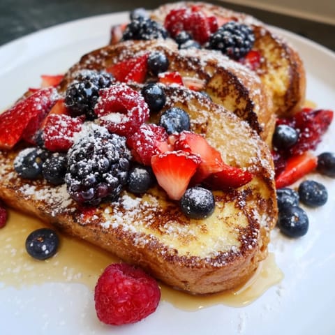This easy French toast recipe features perfectly cooked challah bread topped with fresh, juicy berries.