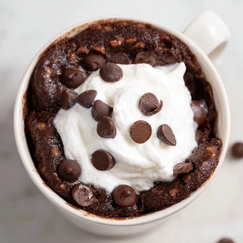 A steaming mug of decadent chocolate mug cake, topped with whipped cream, awaits enjoying.