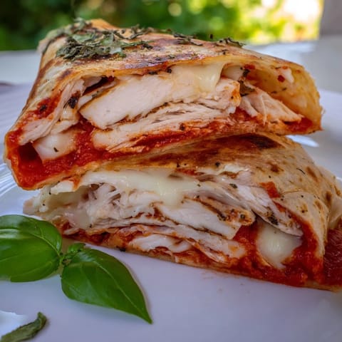 A warm Tortilla Pizza Wrap with Chicken, filled with chicken, cheese, and marinara, perfect for lunch.