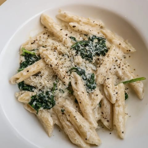 Imagine the steaming creamy spinach pasta with Parmesan, ready for a delightful, satisfying meal.