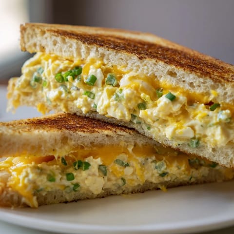 Warm, cheesy Egg Salad Grilled Cheese with perfectly browned bread, ready for a bite.
