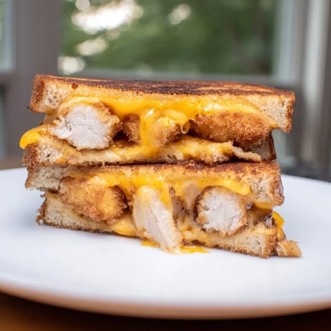 Crispy cooked chicken nuggets nestled in a gooey Chicken Nugget Grilled Cheese with a side of ketchup.