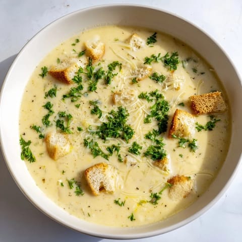This creamy garlic bread soup shows a steaming bowl, garnished with fresh parsley and Parmesan.