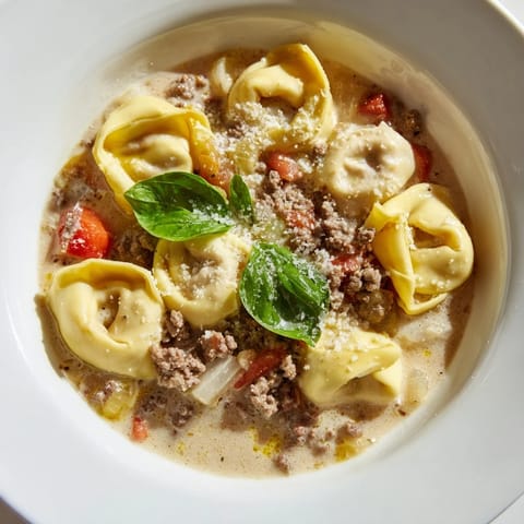 A rich Tortellini Beef Soup, featuring savory ground beef and cheese-filled tortellini ready to be savored.