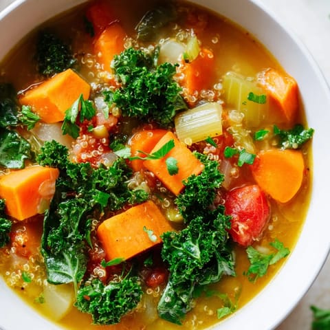 A close-up view of a hearty Nourishing Winter Veggie Soup, with quinoa and fresh parsley garnishing.