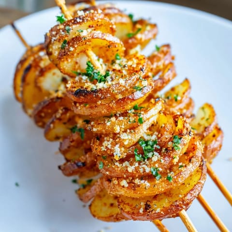 Flavorful Tornado Potatoes, spiralized, brushed with spices and oil, offering a tempting aroma.