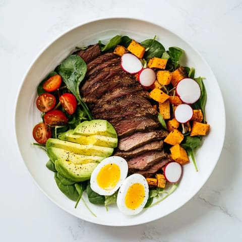 This hearty High-Protein Beef Avocado Bowl features a vibrant mix of sliced beef, fresh greens, and a flavorful dressing.