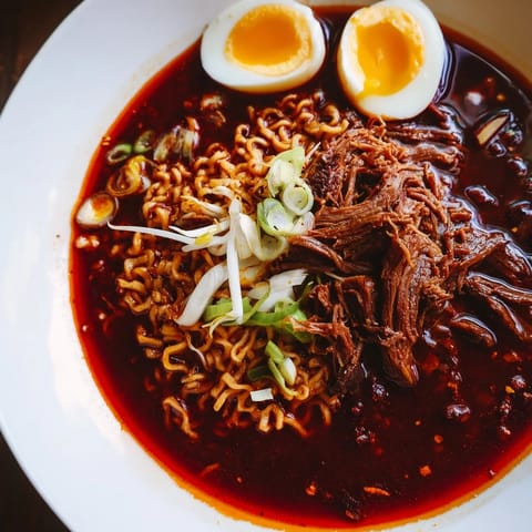 Smoky birria ramen, a comforting bowl of tender beef, rich broth, noodles, and fresh toppings.