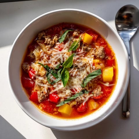 Hearty Italian sausage and diced bell peppers simmer in rich pizza sauce, creating a savory, cheesy broth in this comforting soup.