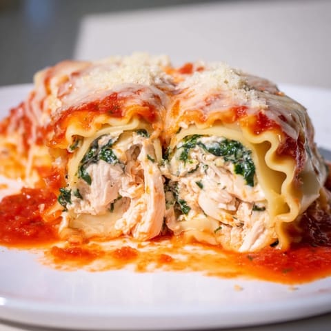 Freshly baked Chicken and Spinach Lasagna Rolls arranged on a white platter, garnished with parsley and ready to serve with garlic bread.  