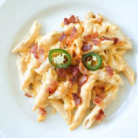 A spoon scoops into a skillet of homemade Jalapeño Popper Pasta, revealing a rich, spicy cheese sauce and bacon.