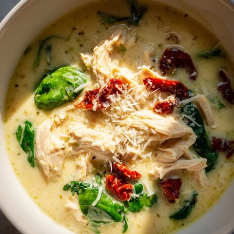 A warm, velvety bowl of Creamy Tuscan Chicken Soup garnished with fresh herbs and spinach.  