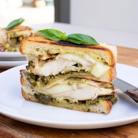 A close-up view of a Pesto Chicken Melt sandwich, showing juicy chicken, oozing mozzarella, and fresh basil leaves resting on a rustic wooden cutting board.