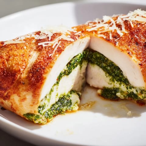 Fresh basil pesto and creamy mozzarella filling inside tender chicken, served with a side of roasted vegetables.