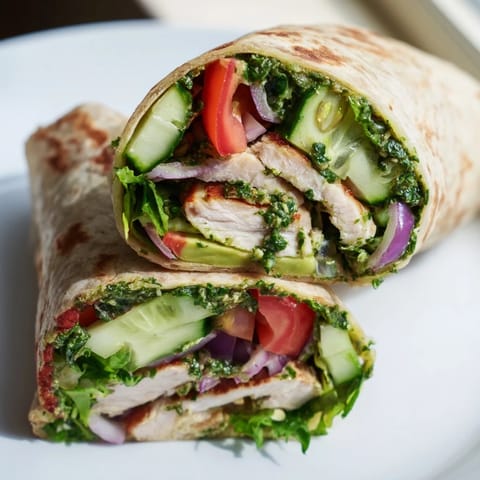 A close-up of a vibrant chimichurri chicken salad wrap, featuring golden-brown chicken strips, fresh herbs, and a zesty green sauce.