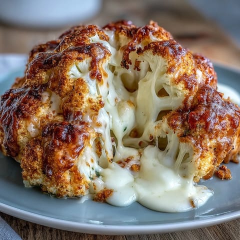 Whole roasted cheesy stuffed cauliflower head, a creamy vegetarian delight.