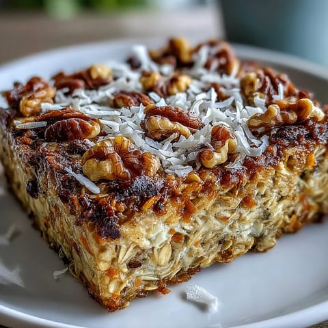 Golden baked oatmeal swirl, a hearty carrot cake inspired breakfast delight.