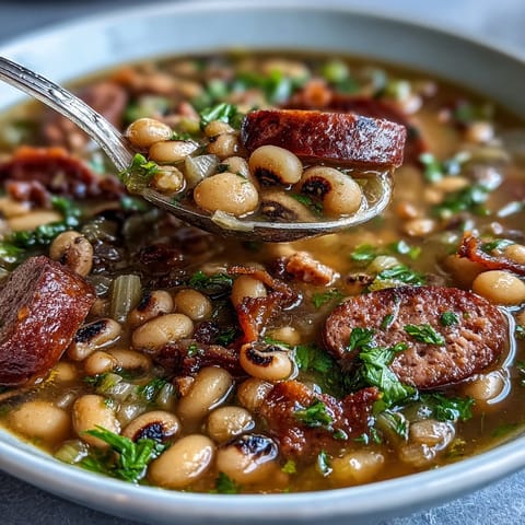 A steaming bowl of Southern-Style Black-Eyed Peas, simmered with smoky sausage and served with hot sauce for a hearty comfort food meal.