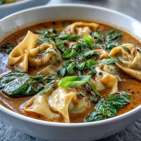 Hearty frozen wontons swim in fragrant red curry coconut broth, ready to enjoy.