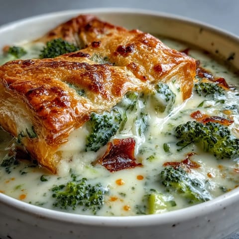 A bowl of creamy broccoli and butternut squash soup topped with a golden, flaky brie and cheddar pastry.