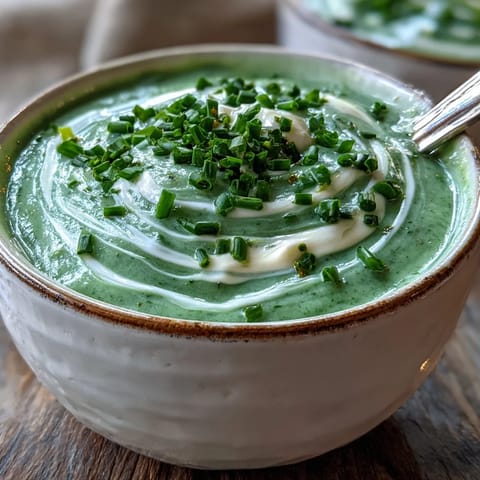 Cream of Broccoli Soup topped with heavy cream swirls and served beside warm, crusty bread.
