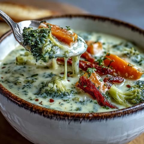 Steaming bowl of homemade broccoli cheddar soup alongside crusty bread for dipping on a cozy wooden table.