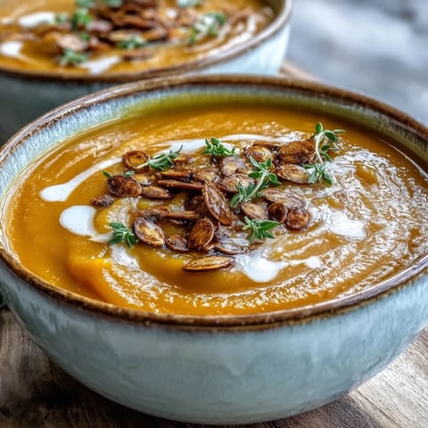 Spoon dipping into a bowl of Easy Roasted Butternut Squash Soup next to crusty bread.