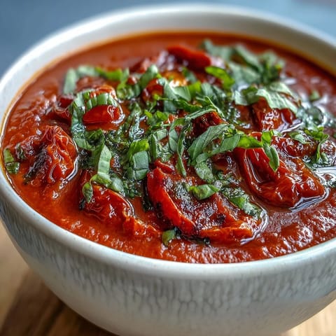 Fresh basil leaves and a swirl of cream garnish the homemade Italian soup.