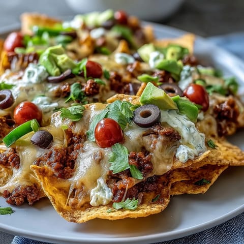 Sizzling hot baked nachos topped with creamy avocado, diced tomatoes, black beans, and sour cream for dipping.