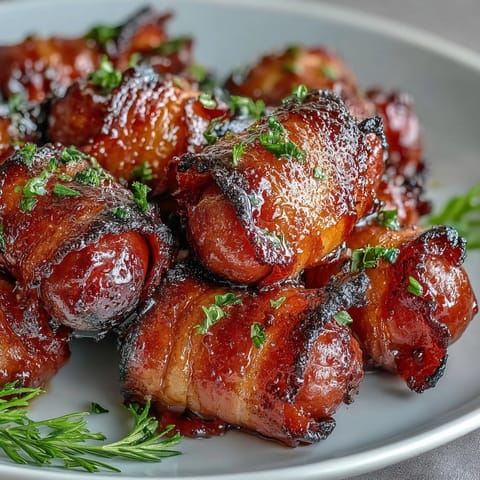 Freshly baked Bacon-Wrapped Smokies sizzling on a baking sheet with a sweet glaze. 