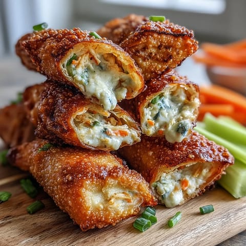 Spicy buffalo chicken filling tucked inside crunchy egg roll wrappers, golden brown and perfect for game day appetizers.