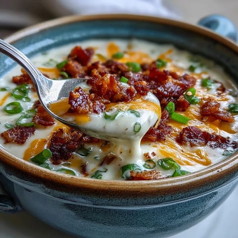 A hearty bowl of Loaded Potato Soup with extra cheese and bacon crumbles, perfect for a cozy lunch.