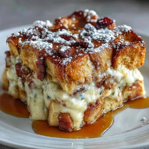 Monte Cristo Breakfast Casserole layers cinnamon-soaked bread, ham, turkey, and Swiss cheese.