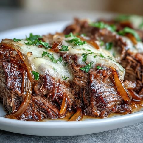 Melted Gruyère cheese blankets tender slices of Savory Crock Pot French Onion Pot Roast in a rich red wine jus.  
