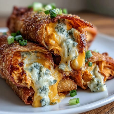 A platter of baked Buffalo Chicken Dip Egg Rolls is served with a side of cool ranch dressing for dipping.