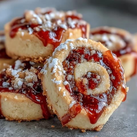 On a rustic wooden board, a stack of Raspberry Swirl Shortbread Cookies shows off their buttery texture and sweet fruit filling.