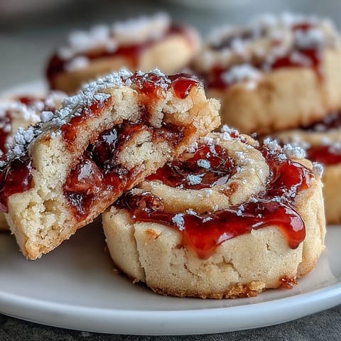 Freshly baked Raspberry Swirl Shortbread Cookies with golden edges and a vibrant, tangy raspberry jam center, perfect for teatime.