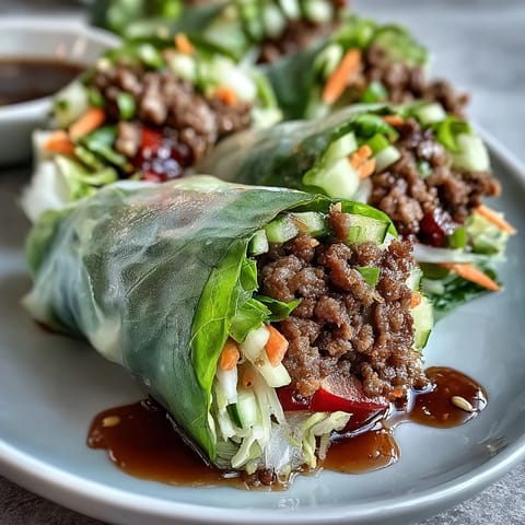 Thai Basil Beef Rolls wrapped in soft rice paper, piled with julienned cucumber, carrots, and fresh herbs.