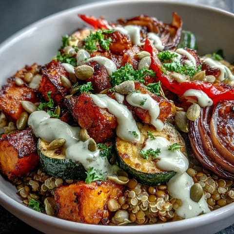 Lentil Power Bowl with fluffy quinoa, caramelized roasted vegetables, and creamy tahini drizzle for a wholesome weeknight meal.