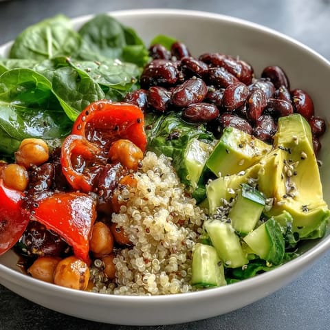 The hearty Three-Bean Power Bowl showcases chickpeas, kidney beans, and quinoa tossed with fresh spinach and red bell pepper.