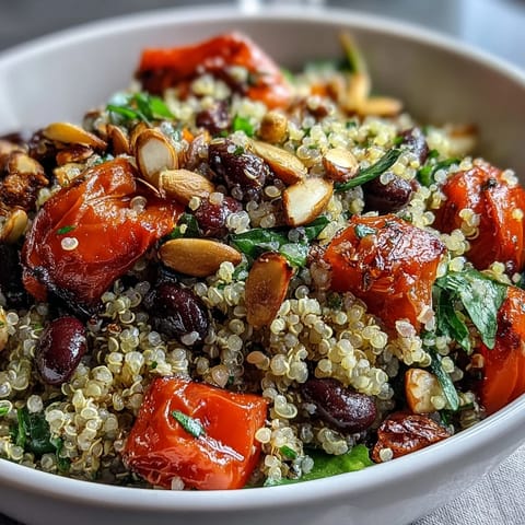 Colorful Veggie and Quinoa Power Bowl with zesty lemon vinaigrette, pepitas, and fresh cherry tomatoes.