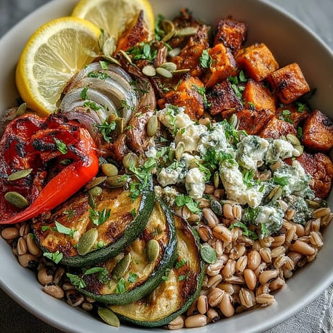Overhead shot of a Black-Eyed Pea Grain Bowl garnished with fresh parsley, toasted seeds, and feta, served with lemon wedges.